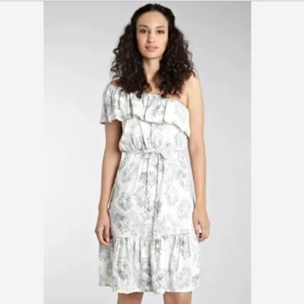 Warehouse Palm Leaf White Purple One Shoulder Tropical Dress ASO Kate Middleton